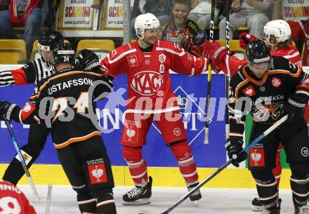 Eishockey. CHL. Europa Champions Hockey League.  KAC gegen Frisk Asker (Norwegen). Torjubel Manuel Ganahl, Daniel Obersteiner (KAC). Klagenfurt, am 31.8.2019.
Foto: Kuess
www.qspictures.net
---
pressefotos, pressefotografie, kuess, qs, qspictures, sport, bild, bilder, bilddatenbank