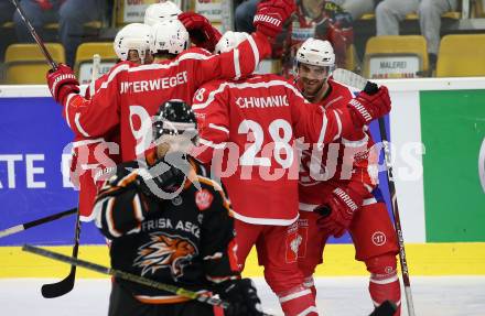 Eishockey. CHL. Europa Champions Hockey League.  KAC gegen Frisk Asker (Norwegen). Torjubel Martin Schumnig, Thomas Hundertpfund, Matthew Neal, Clemens Unterweger (KAC). Klagenfurt, am 31.8.2019.
Foto: Kuess
www.qspictures.net
---
pressefotos, pressefotografie, kuess, qs, qspictures, sport, bild, bilder, bilddatenbank