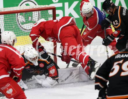 Eishockey. CHL. Europa Champions Hockey League.  KAC gegen Frisk Asker (Norwegen). Nicholas Petersen, Matthew Neal,  (KAC), Nicklas Dahlberg  (Frisk Asker). Klagenfurt, am 31.8.2019.
Foto: Kuess
www.qspictures.net
---
pressefotos, pressefotografie, kuess, qs, qspictures, sport, bild, bilder, bilddatenbank