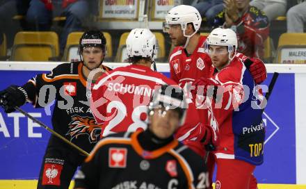 Eishockey. CHL. Europa Champions Hockey League.  KAC gegen Frisk Asker (Norwegen). Torjubel Martin Schumnig, Thomas Hundertpfund, Matthew Neal (KAC). Klagenfurt, am 31.8.2019.
Foto: Kuess
www.qspictures.net
---
pressefotos, pressefotografie, kuess, qs, qspictures, sport, bild, bilder, bilddatenbank