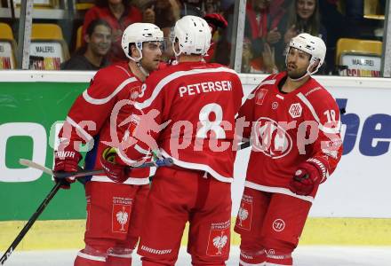 Eishockey. CHL. Europa Champions Hockey League.  KAC gegen Frisk Asker (Norwegen). Torjubel Nicholas Petersen, Matthew Neal, Andrew Jacob Kozek (KAC). Klagenfurt, am 31.8.2019.
Foto: Kuess
www.qspictures.net
---
pressefotos, pressefotografie, kuess, qs, qspictures, sport, bild, bilder, bilddatenbank