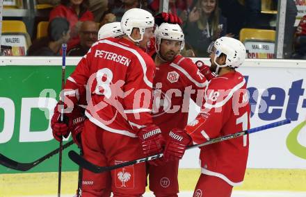Eishockey. CHL. Europa Champions Hockey League.  KAC gegen Frisk Asker (Norwegen). Torjubel Nicholas Petersen, Matthew Neal, Andrew Jacob Kozek, Thomas Koch (KAC). Klagenfurt, am 31.8.2019.
Foto: Kuess
www.qspictures.net
---
pressefotos, pressefotografie, kuess, qs, qspictures, sport, bild, bilder, bilddatenbank