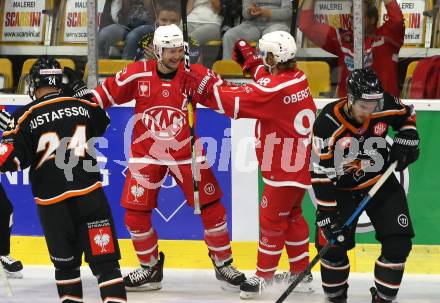 Eishockey. CHL. Europa Champions Hockey League.  KAC gegen Frisk Asker (Norwegen). Torjubel Manuel Ganahl, Daniel Obersteiner (KAC). Klagenfurt, am 31.8.2019.
Foto: Kuess
www.qspictures.net
---
pressefotos, pressefotografie, kuess, qs, qspictures, sport, bild, bilder, bilddatenbank
