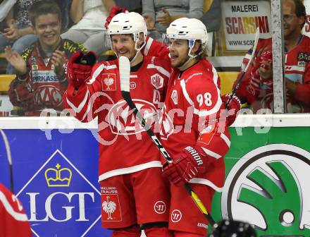 Eishockey. CHL. Europa Champions Hockey League.  KAC gegen Frisk Asker (Norwegen). Torjubel Manuel Ganahl, Daniel Obersteiner (KAC). Klagenfurt, am 31.8.2019.
Foto: Kuess
www.qspictures.net
---
pressefotos, pressefotografie, kuess, qs, qspictures, sport, bild, bilder, bilddatenbank