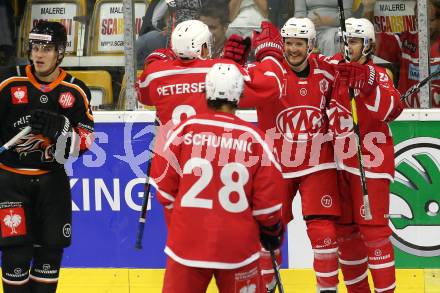 Eishockey. CHL. Europa Champions Hockey League.  KAC gegen Frisk Asker (Norwegen). Torjubel Manuel Ganahl, Daniel Obersteiner, Nicholas Eric Petersen,  Martin Schumnig (KAC). Klagenfurt, am 31.8.2019.
Foto: Kuess
www.qspictures.net
---
pressefotos, pressefotografie, kuess, qs, qspictures, sport, bild, bilder, bilddatenbank