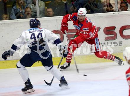 EBEL. Eishockey Bundesliga. KAC gegen	Hydro Fehervar AV 19. Comrie Adam (KAC), Bussenius Dylan (Alba Volan). Klagenfurt, am 13.9.2019.
Foto: Kuess
www.qspictures.net

---
pressefotos, pressefotografie, kuess, qs, qspictures, sport, bild, bilder, bilddatenbank