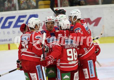 EBEL. Eishockey Bundesliga. KAC gegen	Hydro Fehervar AV 19. Torjubel Thomas Hundertpfund, Comrie Adam, Obersteiner Daniel, Ganahl Manuel, Marco Richter (KAC). Klagenfurt, am 13.9.2019.
Foto: Kuess
www.qspictures.net

---
pressefotos, pressefotografie, kuess, qs, qspictures, sport, bild, bilder, bilddatenbank