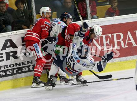 EBEL. Eishockey Bundesliga. KAC gegen	Hydro Fehervar AV 19. Witting Marcel (KAC),  Campbell Timothy(Alba Volan). Klagenfurt, am 13.9.2019.
Foto: Kuess
www.qspictures.net

---
pressefotos, pressefotografie, kuess, qs, qspictures, sport, bild, bilder, bilddatenbank