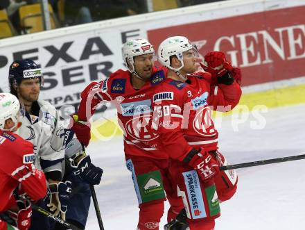 EBEL. Eishockey Bundesliga. KAC gegen	Hydro Fehervar AV 19. Torjubel Neal Matthew,  Kozek Andrew Jacob (KAC). Klagenfurt, am 13.9.2019.
Foto: Kuess
www.qspictures.net

---
pressefotos, pressefotografie, kuess, qs, qspictures, sport, bild, bilder, bilddatenbank