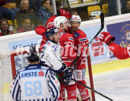 EBEL. Eishockey Bundesliga. KAC gegen	Hydro Fehervar AV 19. Torjubel Neal Matthew, Koch Thomas, Kozek Andrew Jacob,  (KAC). Klagenfurt, am 13.9.2019.
Foto: Kuess
www.qspictures.net

---
pressefotos, pressefotografie, kuess, qs, qspictures, sport, bild, bilder, bilddatenbank