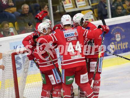 EBEL. Eishockey Bundesliga. KAC gegen	Hydro Fehervar AV 19. Torjubel Neal Matthew, Koch Thomas, Kozek Andrew Jacob, Comrie Adam, Fischer David Joseph (KAC). Klagenfurt, am 13.9.2019.
Foto: Kuess
www.qspictures.net

---
pressefotos, pressefotografie, kuess, qs, qspictures, sport, bild, bilder, bilddatenbank