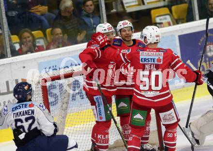 EBEL. Eishockey Bundesliga. KAC gegen	Hydro Fehervar AV 19. Torjubel Neal Matthew, Koch Thomas, Kozek Andrew Jacob,  (KAC). Klagenfurt, am 13.9.2019.
Foto: Kuess
www.qspictures.net

---
pressefotos, pressefotografie, kuess, qs, qspictures, sport, bild, bilder, bilddatenbank
