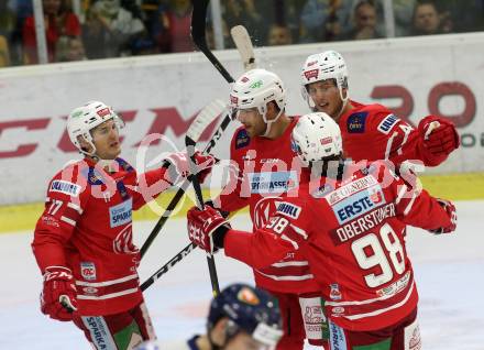 EBEL. Eishockey Bundesliga. KAC gegen	Hydro Fehervar AV 19. Torjubel Thomas Hundertpfund, Comrie Adam, Obersteiner Daniel, Ganahl Manuel,  (KAC). Klagenfurt, am 13.9.2019.
Foto: Kuess
www.qspictures.net

---
pressefotos, pressefotografie, kuess, qs, qspictures, sport, bild, bilder, bilddatenbank
