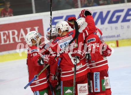 EBEL. Eishockey Bundesliga. KAC gegen	Hydro Fehervar AV 19. Torjubel Neal Matthew, Petersen Nicholas Eric, Kozek Andrew Jacob, Koch Thomas (KAC). Klagenfurt, am 13.9.2019.
Foto: Kuess
www.qspictures.net

---
pressefotos, pressefotografie, kuess, qs, qspictures, sport, bild, bilder, bilddatenbank