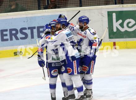 EBEL. Eishockey Bundesliga. EC VSV gegen HCB Suedtirol Alperia.  Torjubel Bjorkstrand Patrick,	Pollastrone Jerry, Schlacher Markus,  (VSV). Villach, am 15.9.2019.
Foto: Kuess
www.qspictures.net
---
pressefotos, pressefotografie, kuess, qs, qspictures, sport, bild, bilder, bilddatenbank
