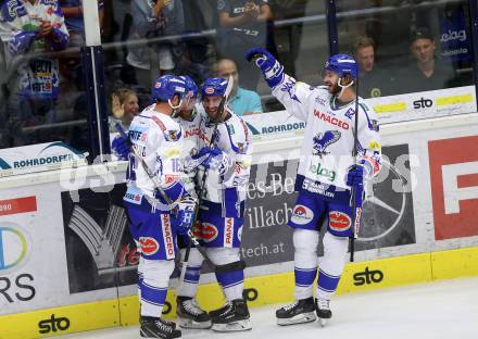 EBEL. Eishockey Bundesliga. EC VSV gegen HCB Suedtirol Alperia.  Torjubel Schlacher Markus, Spannring Patrick, Pollastrone Jerry, Bjorkstrand Patrick,  (VSV). Villach, am 15.9.2019.
Foto: Kuess
www.qspictures.net
---
pressefotos, pressefotografie, kuess, qs, qspictures, sport, bild, bilder, bilddatenbank