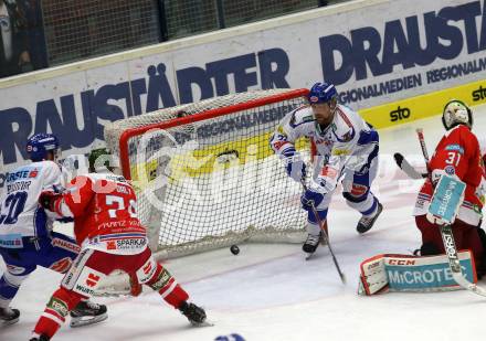 EBEL. Eishockey Bundesliga. EC VSV gegen HCB Suedtirol Alperia.  Poeyhoenen Marko,  (VSV), Daly Timothy, Irving Leland (Bozen). Villach, am 15.9.2019.
Foto: Kuess
www.qspictures.net
---
pressefotos, pressefotografie, kuess, qs, qspictures, sport, bild, bilder, bilddatenbank