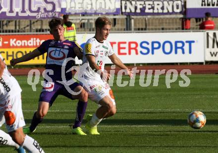 Fussball Bundesliga. RZ Pellets WAC gegen FK Austria Wien. Romano Christian Schmid,  (WAC), Dominik Fitz (Wien). Wolfsberg, am 15.9.2019.
Foto: Kuess
www.qspictures.net

---
pressefotos, pressefotografie, kuess, qs, qspictures, sport, bild, bilder, bilddatenbank