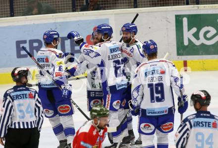EBEL. Eishockey Bundesliga. EC VSV gegen HCB Suedtirol Alperia.  Torjubel Bjorkstrand Patrick,	Pollastrone Jerry, Schlacher Markus, Spannring Patrick, Bacher Stefan (VSV). Villach, am 15.9.2019.
Foto: Kuess
www.qspictures.net
---
pressefotos, pressefotografie, kuess, qs, qspictures, sport, bild, bilder, bilddatenbank