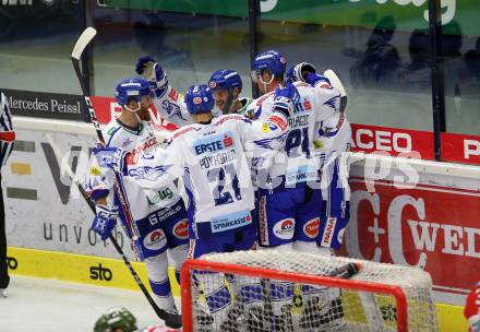 EBEL. Eishockey Bundesliga. EC VSV gegen HCB Suedtirol Alperia. Torjubel Lahoda Alexander, Pollastrone Jerry, Alagic Adis, Poeyhoenen Marko, Fraser Jamie (VSV). Villach, am 15.9.2019.
Foto: Kuess
www.qspictures.net
---
pressefotos, pressefotografie, kuess, qs, qspictures, sport, bild, bilder, bilddatenbank
