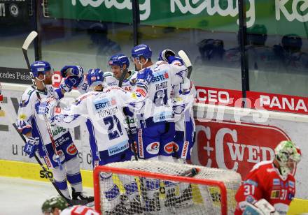 EBEL. Eishockey Bundesliga. EC VSV gegen HCB Suedtirol Alperia. Torjubel Lahoda Alexander, Pollastrone Jerry, Alagic Adis, Poeyhoenen Marko, Fraser Jamie (VSV). Villach, am 15.9.2019.
Foto: Kuess
www.qspictures.net
---
pressefotos, pressefotografie, kuess, qs, qspictures, sport, bild, bilder, bilddatenbank