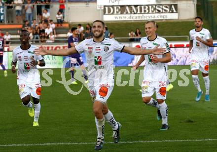Fussball Bundesliga. RZ Pellets WAC gegen FK Austria Wien.  Torjubel Shon Zalman Weissman, Anderson Niangbo, Sven Sprangler (WAC). Wolfsberg, am 15.9.2019.
Foto: Kuess
www.qspictures.net

---
pressefotos, pressefotografie, kuess, qs, qspictures, sport, bild, bilder, bilddatenbank