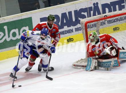 EBEL. Eishockey Bundesliga. EC VSV gegen HCB Suedtirol Alperia. Bjorkstrand Patrick (VSV),  Bernard Anton (Bozen). Villach, am 15.9.2019.
Foto: Kuess
www.qspictures.net
---
pressefotos, pressefotografie, kuess, qs, qspictures, sport, bild, bilder, bilddatenbank