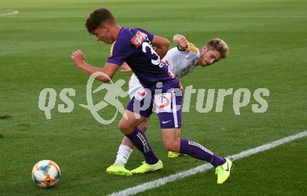 Fussball Bundesliga. RZ Pellets WAC gegen FK Austria Wien. Romano Christian Schmid,  (WAC), Dominik Fitz (Wien). Wolfsberg, am 15.9.2019.
Foto: Kuess
www.qspictures.net

---
pressefotos, pressefotografie, kuess, qs, qspictures, sport, bild, bilder, bilddatenbank