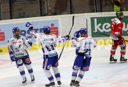 EBEL. Eishockey Bundesliga. EC VSV gegen HCB Suedtirol Alperia.  Torjubel Bjorkstrand Patrick,	Pollastrone Jerry, Schlacher Markus,  (VSV). Villach, am 15.9.2019.
Foto: Kuess
www.qspictures.net
---
pressefotos, pressefotografie, kuess, qs, qspictures, sport, bild, bilder, bilddatenbank
