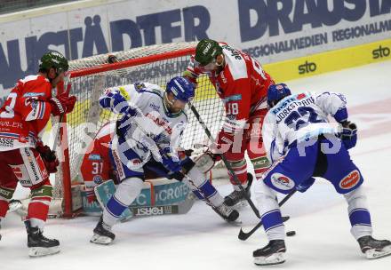 EBEL. Eishockey Bundesliga. EC VSV gegen HCB Suedtirol Alperia. Poeyhoenen Marko, Bjorkstrand Patrick (VSV), Alberga Domenico, Irving Leland (Bozen). Villach, am 15.9.2019.
Foto: Kuess
www.qspictures.net
---
pressefotos, pressefotografie, kuess, qs, qspictures, sport, bild, bilder, bilddatenbank