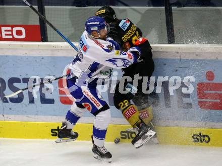 EBEL. Eishockey Bundesliga. EC VSV gegen spusu Vienna Capitals.  Marko Poeyhoenen, (VSV),  Julian Grosslercher (Vienna Capitals). Villach, am 20.9.2019.
Foto: Kuess
www.qspictures.net
---
pressefotos, pressefotografie, kuess, qs, qspictures, sport, bild, bilder, bilddatenbank