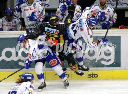 EBEL. Eishockey Bundesliga. EC VSV gegen spusu Vienna Capitals.  Martin Ulmer, Jamie Fraser,  (VSV), Brenden Kichton (Vienna Capitals). Villach, am 20.9.2019.
Foto: Kuess
www.qspictures.net
---
pressefotos, pressefotografie, kuess, qs, qspictures, sport, bild, bilder, bilddatenbank
