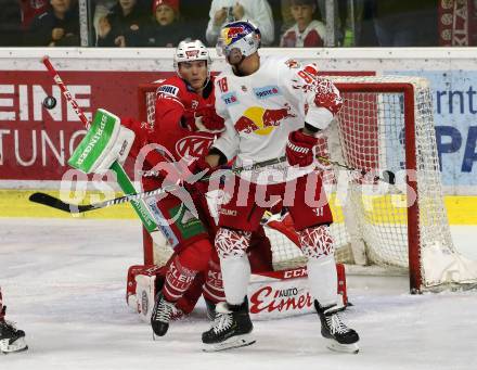 EBEL. Eishockey Bundesliga. KAC gegen	EC Red Bull Salzburg. Petter Hansson,  (KAC), Mario Huber (Salzburg). Klagenfurt, am 22.9.2019.
Foto: Kuess
www.qspictures.net

---
pressefotos, pressefotografie, kuess, qs, qspictures, sport, bild, bilder, bilddatenbank