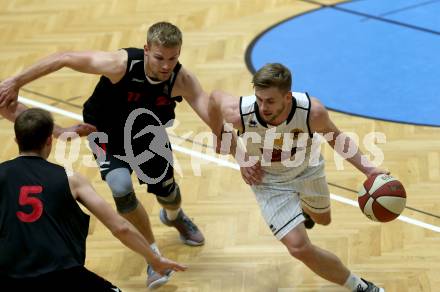Basketball 2. Bundesliga. Grunddurchgang 1. Runde. Woerthersee Piraten gegen Mistelbach Mustangs. Ziga Erculj,  (Piraten), Michal Semerad (Mustangs). Klagenfurt, am 21.9.2019.
Foto: Kuess
www.qspictures.net

---
pressefotos, pressefotografie, kuess, qs, qspictures, sport, bild, bilder, bilddatenbank