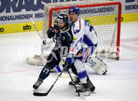 EBEL. Eishockey Bundesliga. EC VSV gegen Hydro Fehervar AV 19.  Felix Maxa, (VSV), Scott Timmins  (Alba Volan). Villach, am 27.9.2019.
Foto: Kuess
www.qspictures.net
---
pressefotos, pressefotografie, kuess, qs, qspictures, sport, bild, bilder, bilddatenbank