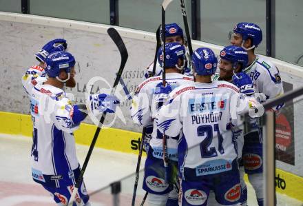 EBEL. Eishockey Bundesliga. EC VSV gegen Hydro Fehervar AV 19.  Torjubel Jamie Fraser, Nico Brunner, Chris Collins, Martin Ulmer, Marko Poeyhoenen, Felix Maxa (VSV). Villach, am 27.9.2019.
Foto: Kuess
www.qspictures.net
---
pressefotos, pressefotografie, kuess, qs, qspictures, sport, bild, bilder, bilddatenbank