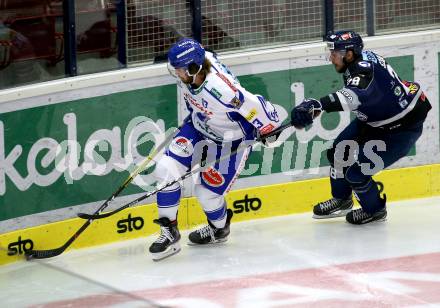 EBEL. Eishockey Bundesliga. EC VSV gegen Hydro Fehervar AV 19.  Chris Collins, (VSV), Daniel Szabo  (Alba Volan). Villach, am 27.9.2019.
Foto: Kuess
www.qspictures.net
---
pressefotos, pressefotografie, kuess, qs, qspictures, sport, bild, bilder, bilddatenbank