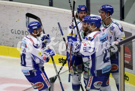 EBEL. Eishockey Bundesliga. EC VSV gegen Hydro Fehervar AV 19.  Torjubel Nico Brunner, Chris Collins, Martin Ulmer, Marko Poeyhoenen, Felix Maxa (VSV). Villach, am 27.9.2019.
Foto: Kuess
www.qspictures.net
---
pressefotos, pressefotografie, kuess, qs, qspictures, sport, bild, bilder, bilddatenbank