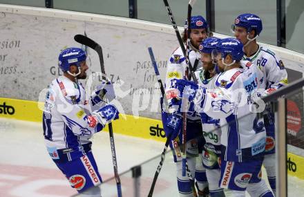 EBEL. Eishockey Bundesliga. EC VSV gegen Hydro Fehervar AV 19.  Torjubel Nico Brunner, Chris Collins, Martin Ulmer, Marko Poeyhoenen, Felix Maxa (VSV). Villach, am 27.9.2019.
Foto: Kuess
www.qspictures.net
---
pressefotos, pressefotografie, kuess, qs, qspictures, sport, bild, bilder, bilddatenbank