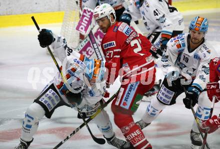 EBEL. Eishockey Bundesliga. KAC gegen	EHC Liwest Black Wings Linz. Thomas HUndertpfund,  (KAC), Pusnik Julian, Florek Justin (Linz). Klagenfurt, am 29.9.2019.
Foto: Kuess
www.qspictures.net

---
pressefotos, pressefotografie, kuess, qs, qspictures, sport, bild, bilder, bilddatenbank