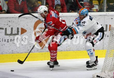 EBEL. Eishockey Bundesliga. KAC gegen	EHC Liwest Black Wings Linz. Siim Liivik, (KAC),  Altmann Mario (Linz). Klagenfurt, am 29.9.2019.
Foto: Kuess
www.qspictures.net

---
pressefotos, pressefotografie, kuess, qs, qspictures, sport, bild, bilder, bilddatenbank