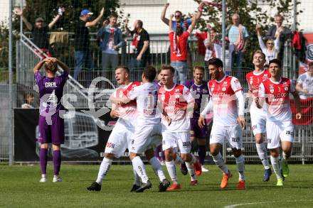 Fussball 2. Liga. SK Austria Klagenfurt gegen SK Vorwaerts Steyr. Torjubel Bojan Mustecic, Thomas Himmelfreundpointner (Vorwaerts Steyr). Klagenfurt, am 29.9.2019.
Foto: Kuess
www.qspictures.net
---
pressefotos, pressefotografie, kuess, qs, qspictures, sport, bild, bilder, bilddatenbank