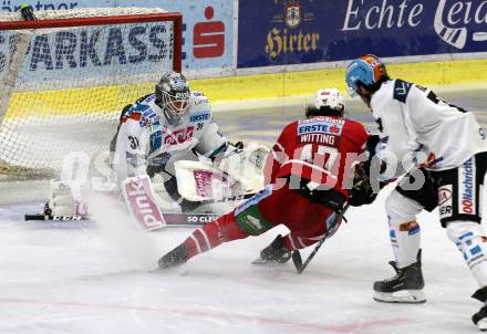 EBEL. Eishockey Bundesliga. KAC gegen	EHC Liwest Black Wings Linz. Marcel Witting,  (KAC), David Kickert, Roach Josh (Linz). Klagenfurt, am 29.9.2019.
Foto: Kuess
www.qspictures.net

---
pressefotos, pressefotografie, kuess, qs, qspictures, sport, bild, bilder, bilddatenbank