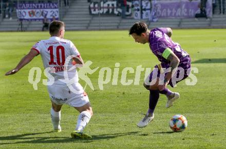 Fussball 2. Liga. SK Austria Klagenfurt gegen SK Vorwaerts Steyr. Philipp Huetter,  (Austria Klagenfurt), Roman Alin (Vorwaerts Steyr). Klagenfurt, am 29.9.2019.
Foto: Kuess
www.qspictures.net
---
pressefotos, pressefotografie, kuess, qs, qspictures, sport, bild, bilder, bilddatenbank
