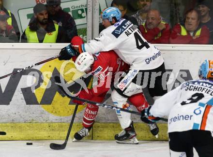 EBEL. Eishockey Bundesliga. KAC gegen	EHC Liwest Black Wings Linz. Andrew Jacob Kozek,  (KAC), Mario Altmann (Linz). Klagenfurt, am 29.9.2019.
Foto: Kuess
www.qspictures.net

---
pressefotos, pressefotografie, kuess, qs, qspictures, sport, bild, bilder, bilddatenbank