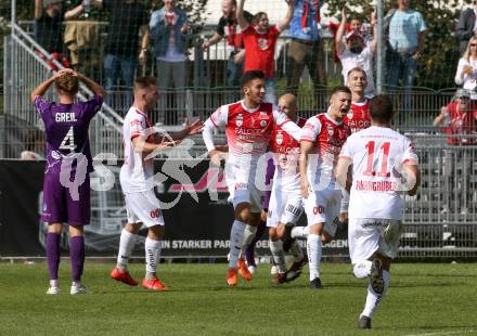 Fussball 2. Liga. SK Austria Klagenfurt gegen SK Vorwaerts Steyr. Torjubel Bojan Mustecic,  (Vorwaerts Steyr). Klagenfurt, am 29.9.2019.
Foto: Kuess
www.qspictures.net
---
pressefotos, pressefotografie, kuess, qs, qspictures, sport, bild, bilder, bilddatenbank