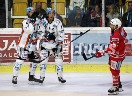 EBEL. Eishockey Bundesliga. KAC gegen	EHC Liwest Black Wings Linz.  Torjubel Schofield Rick, Lebler Brian,  (Linz). Klagenfurt, am 29.9.2019.
Foto: Kuess
www.qspictures.net

---
pressefotos, pressefotografie, kuess, qs, qspictures, sport, bild, bilder, bilddatenbank