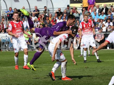 Fussball 2. Liga. SK Austria Klagenfurt gegen SK Vorwaerts Steyr. Darijo Pecirep,  (Austria Klagenfurt), Alberto Prada-Vega (Vorwaerts Steyr). Klagenfurt, am 29.9.2019.
Foto: Kuess
www.qspictures.net
---
pressefotos, pressefotografie, kuess, qs, qspictures, sport, bild, bilder, bilddatenbank