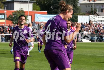 Fussball 2. Liga. SK Austria Klagenfurt gegen SK Vorwaerts Steyr. Torjubel Darijo Pecirep, Patrick Greil, Kosmas Gkezos,  (Austria Klagenfurt). Klagenfurt, am 29.9.2019.
Foto: Kuess
www.qspictures.net
---
pressefotos, pressefotografie, kuess, qs, qspictures, sport, bild, bilder, bilddatenbank