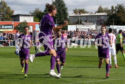 Fussball 2. Liga. SK Austria Klagenfurt gegen SK Vorwaerts Steyr. Torjubel Darijo Pecirep, Patrick Greil, Kosmas Gkezos,  Petar Zubak (Austria Klagenfurt). Klagenfurt, am 29.9.2019.
Foto: Kuess
www.qspictures.net
---
pressefotos, pressefotografie, kuess, qs, qspictures, sport, bild, bilder, bilddatenbank